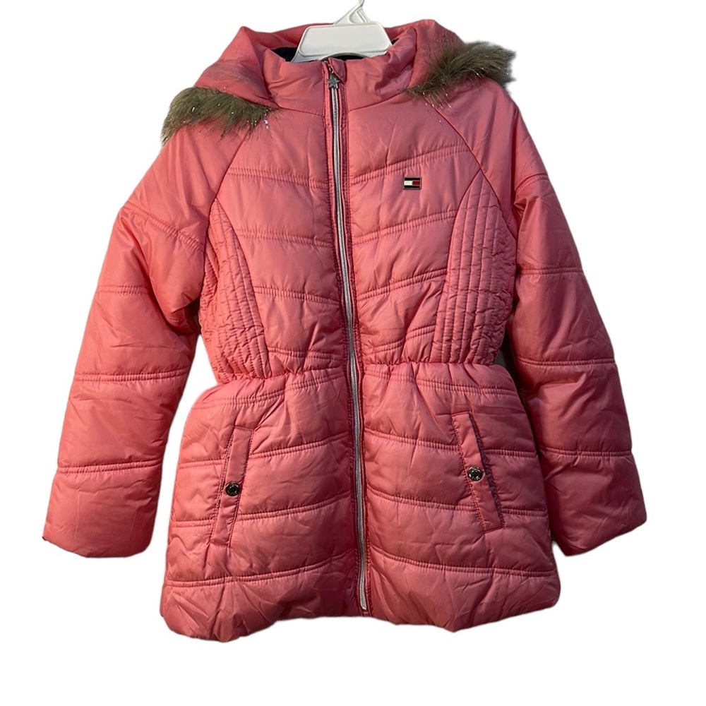Tommy Hilfiger Big Girls Chevron Puffer Jacket with Faux Fur Hood